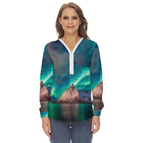 Amazing Aurora Borealis Colors Zip Up Long Sleeve Blouse by B30l