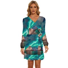 Amazing Aurora Borealis Colors Long Sleeve Waist Tie Ruffle Velvet Dress by B30l