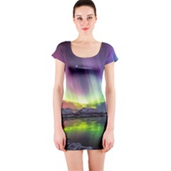 Aurora Borealis Polar Northern Lights Natural Phenomenon North Night Mountains Short Sleeve Bodycon Dress by B30l