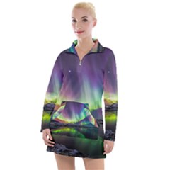 Aurora Borealis Polar Northern Lights Natural Phenomenon North Night Mountains Women s Long Sleeve Casual Dress by B30l