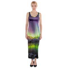 Aurora Borealis Polar Northern Lights Natural Phenomenon North Night Mountains Fitted Maxi Dress by B30l