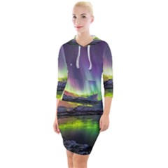 Aurora Borealis Polar Northern Lights Natural Phenomenon North Night Mountains Quarter Sleeve Hood Bodycon Dress by B30l