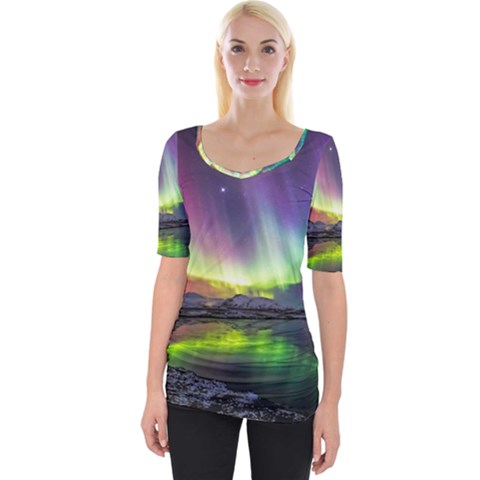 Aurora Borealis Polar Northern Lights Natural Phenomenon North Night Mountains Wide Neckline Tee by B30l