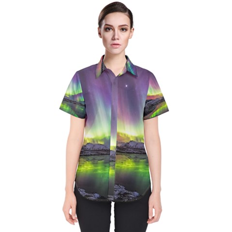 Aurora Borealis Polar Northern Lights Natural Phenomenon North Night Mountains Women s Short Sleeve Shirt by B30l