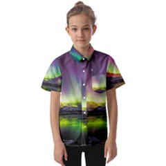 Aurora Borealis Polar Northern Lights Natural Phenomenon North Night Mountains Kids  Short Sleeve Shirt by B30l