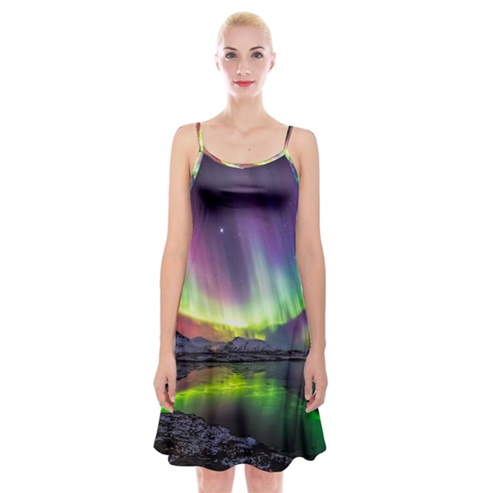 Aurora Borealis Polar Northern Lights Natural Phenomenon North Night Mountains Spaghetti Strap Velvet Dress