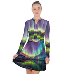 Aurora Borealis Polar Northern Lights Natural Phenomenon North Night Mountains Long Sleeve Panel Dress by B30l