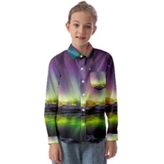 Aurora Borealis Polar Northern Lights Natural Phenomenon North Night Mountains Kids  Long Sleeve Shirt