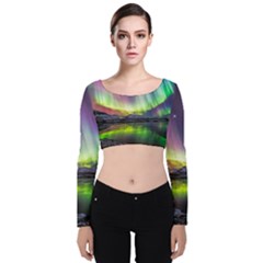 Aurora Borealis Polar Northern Lights Natural Phenomenon North Night Mountains Velvet Long Sleeve Crop Top