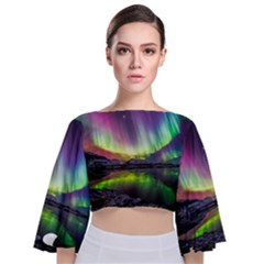 Aurora Borealis Polar Northern Lights Natural Phenomenon North Night Mountains Tie Back Butterfly Sleeve Chiffon Top by B30l