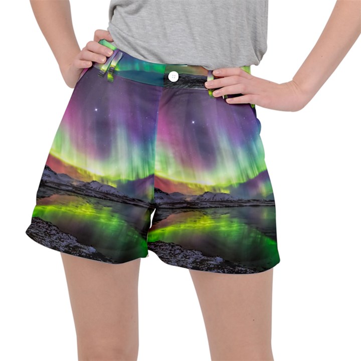 Aurora Borealis Polar Northern Lights Natural Phenomenon North Night Mountains Women s Ripstop Shorts