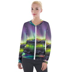 Aurora Borealis Polar Northern Lights Natural Phenomenon North Night Mountains Velvet Zip Up Jacket by B30l