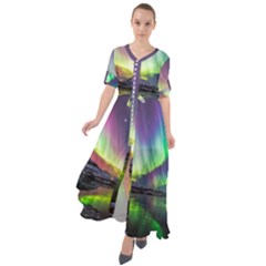 Aurora Borealis Polar Northern Lights Natural Phenomenon North Night Mountains Waist Tie Boho Maxi Dress by B30l