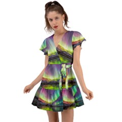 Aurora Borealis Polar Northern Lights Natural Phenomenon North Night Mountains Flutter Sleeve Wrap Dress by B30l