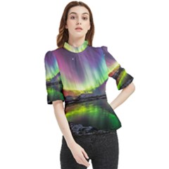 Aurora Borealis Polar Northern Lights Natural Phenomenon North Night Mountains Frill Neck Blouse