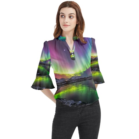 Aurora Borealis Polar Northern Lights Natural Phenomenon North Night Mountains Loose Horn Sleeve Chiffon Blouse by B30l