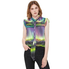 Aurora Borealis Polar Northern Lights Natural Phenomenon North Night Mountains Frill Detail Shirt by B30l