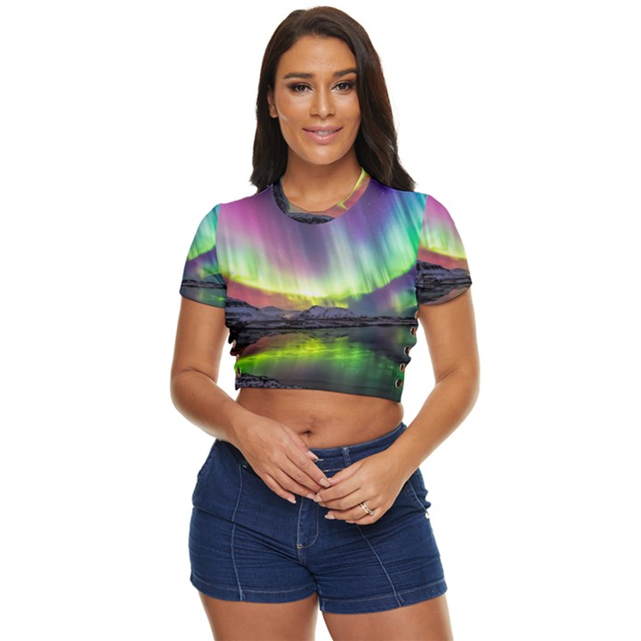 Aurora Borealis Polar Northern Lights Natural Phenomenon North Night Mountains Side Button Cropped Tee