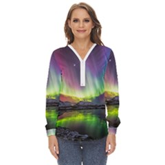 Aurora Borealis Polar Northern Lights Natural Phenomenon North Night Mountains Zip Up Long Sleeve Blouse