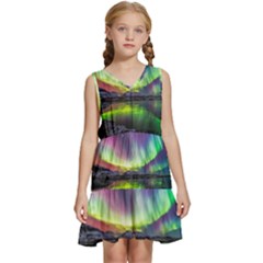 Aurora Borealis Polar Northern Lights Natural Phenomenon North Night Mountains Kids  Sleeveless Tiered Mini Dress by B30l