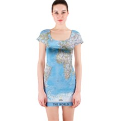 Blue White And Green World Map National Geographic Short Sleeve Bodycon Dress by B30l