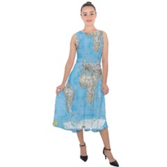 Blue White And Green World Map National Geographic Midi Tie-back Chiffon Dress by B30l