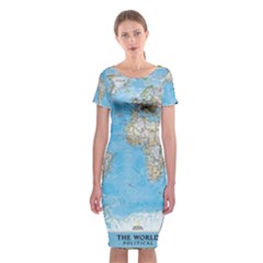 Blue White And Green World Map National Geographic Classic Short Sleeve Midi Dress by B30l