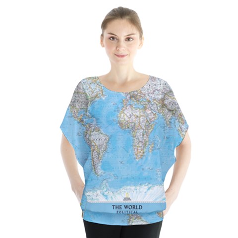 Blue White And Green World Map National Geographic Batwing Chiffon Blouse by B30l