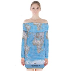 Blue White And Green World Map National Geographic Long Sleeve Off Shoulder Dress by B30l