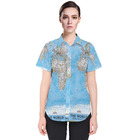 Blue White And Green World Map National Geographic Women s Short Sleeve Shirt by B30l