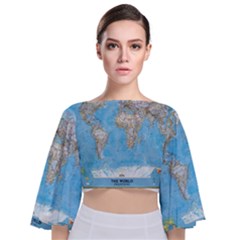 Blue White And Green World Map National Geographic Tie Back Butterfly Sleeve Chiffon Top by B30l