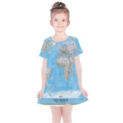 Blue White And Green World Map National Geographic Kids  Simple Cotton Dress by B30l