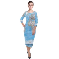 Blue White And Green World Map National Geographic Quarter Sleeve Midi Velour Bodycon Dress by B30l