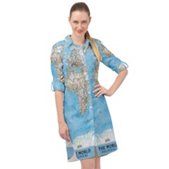 Blue White And Green World Map National Geographic Long Sleeve Mini Shirt Dress by B30l