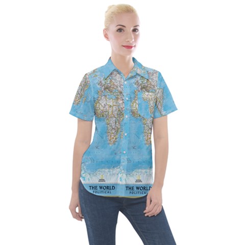 Blue White And Green World Map National Geographic Women s Short Sleeve Pocket Shirt by B30l