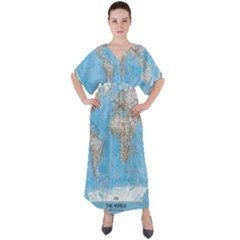 Blue White And Green World Map National Geographic V-neck Boho Style Maxi Dress by B30l