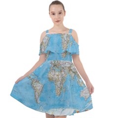 Blue White And Green World Map National Geographic Cut Out Shoulders Chiffon Dress by B30l