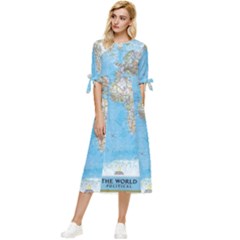 Blue White And Green World Map National Geographic Bow Sleeve Chiffon Midi Dress by B30l