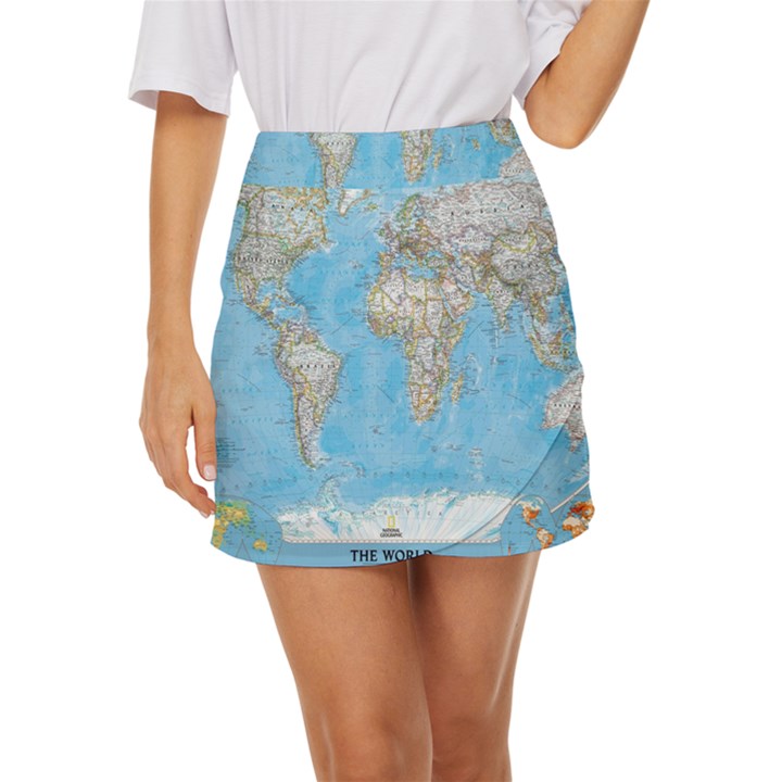 Blue White And Green World Map National Geographic Mini Front Wrap Skirt