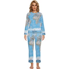 Blue White And Green World Map National Geographic Womens  Long Sleeve Lightweight Pajamas Set