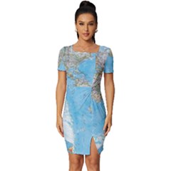 Blue White And Green World Map National Geographic Fitted Knot Split End Bodycon Dress by B30l