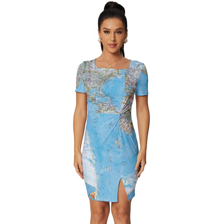 Blue White And Green World Map National Geographic Fitted Knot Split End Bodycon Dress