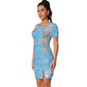 Blue White And Green World Map National Geographic Fitted Knot Split End Bodycon Dress View2