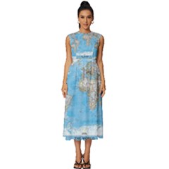 Blue White And Green World Map National Geographic Sleeveless Round Neck Midi Dress by B30l