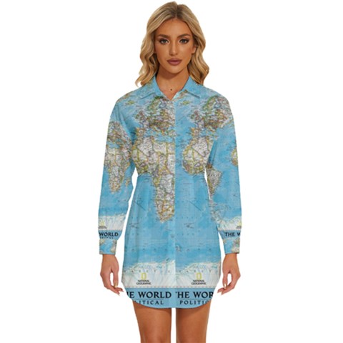 Blue White And Green World Map National Geographic Womens Long Sleeve Shirt Dress by B30l