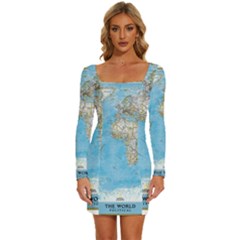 Blue White And Green World Map National Geographic Long Sleeve Square Neck Bodycon Velvet Dress by B30l