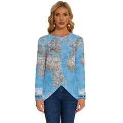 Blue White And Green World Map National Geographic Long Sleeve Crew Neck Pullover Top by B30l