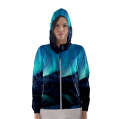 Aurora Borealis Mountain Reflection Women s Hooded Windbreaker