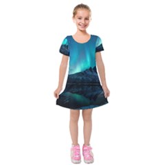 Aurora Borealis Mountain Reflection Kids  Short Sleeve Velvet Dress