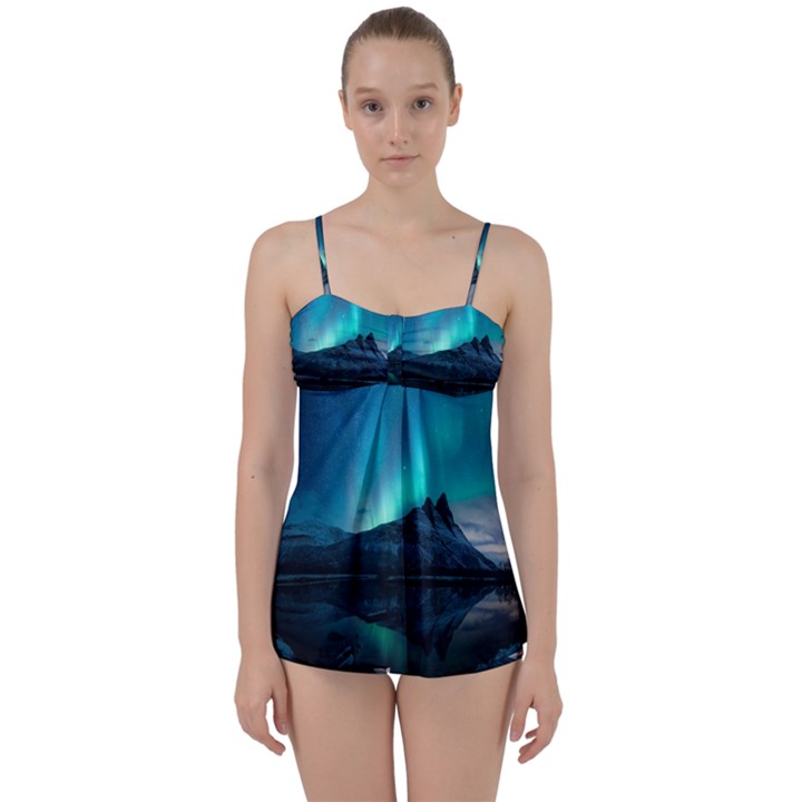 Aurora Borealis Mountain Reflection Babydoll Tankini Set